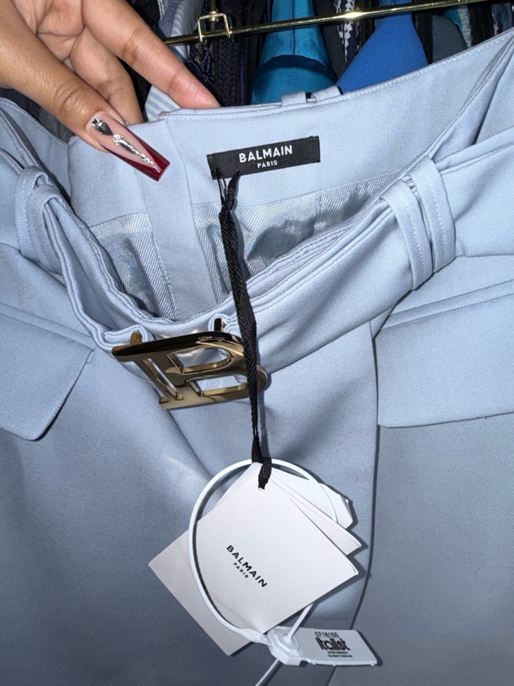 Balmain Wrap Mini Skirt Light Blue Wool Belted Women US6 FR38 Logo Designer Chic - Picture 7 of 16